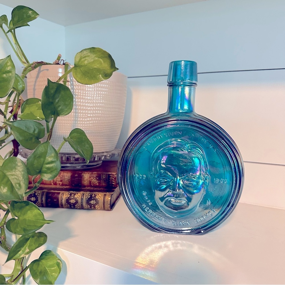 Wheaton Bottle Herbert Hoover Vintage Blue carnival glass ~ President Collection